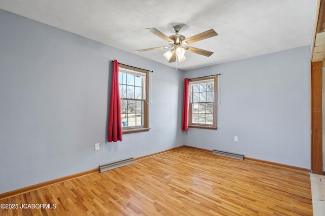 unfurnished room featuring visible vents, baseboards, ceiling fan, and wood finished floors