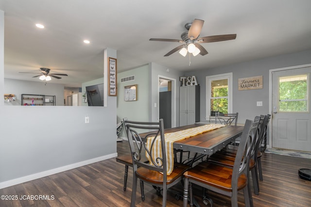 4758 Henwick Ln, Jefferson City, MO 65109 - dining area with a ceiling fan, dark wood-style flooring, and recessed lighting