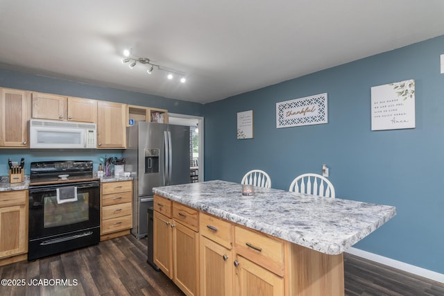 4758 Henwick Ln, Jefferson City, MO 65109 - kitchen with white microwave, black electric range, stainless steel fridge with ice dispenser, dark wood finished floors, and a center island