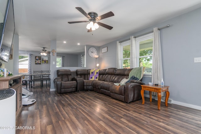 4758 Henwick Ln, Jefferson City, MO 65109 - living room featuring a ceiling fan, dark wood finished floors, and recessed lighting