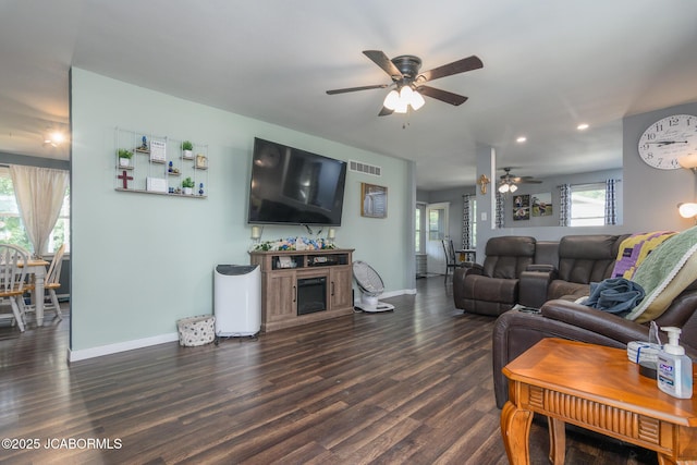 4758 Henwick Ln, Jefferson City, MO 65109 - living area featuring ceiling fan, recessed lighting, dark wood-style floors, and a fireplace