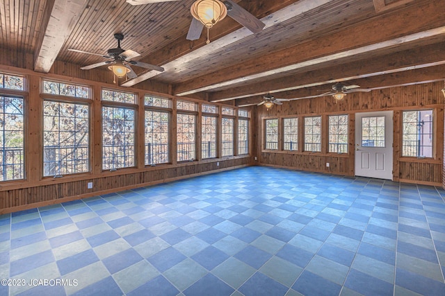 empty room featuring beam ceiling, wood walls, and wooden ceiling