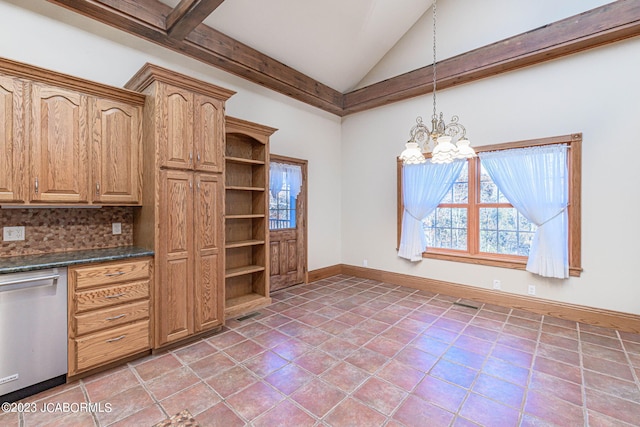 kitchen featuring decorative backsplash, tile patterned floors, pendant lighting, an inviting chandelier, and dishwasher