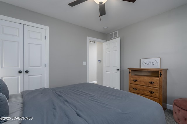 bedroom featuring baseboards, ceiling fan, visible vents, and a closet