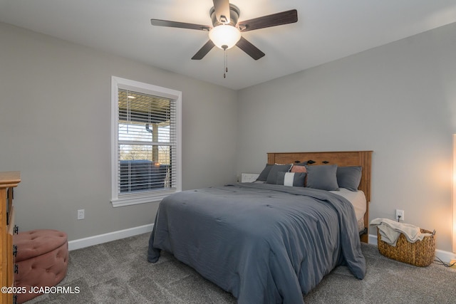 bedroom featuring a ceiling fan, baseboards, and carpet flooring