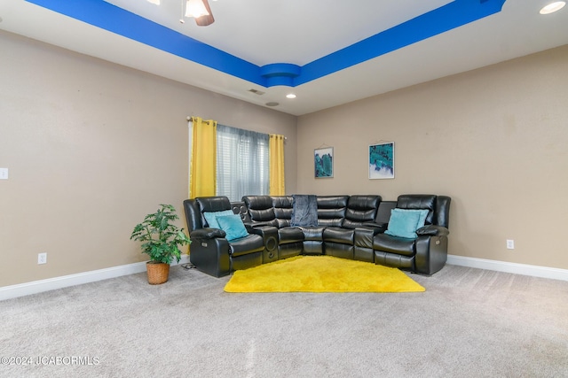 home theater with carpet floors and a tray ceiling