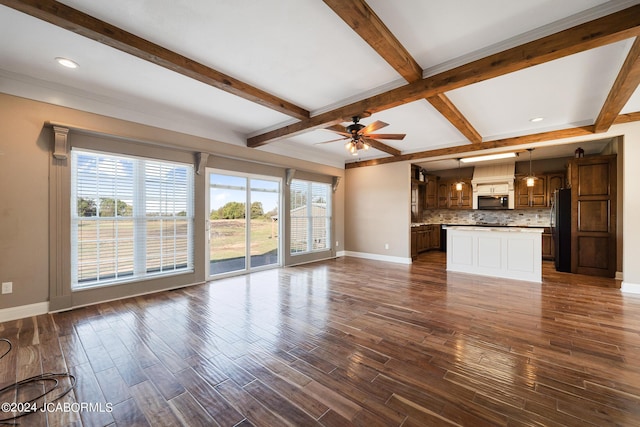 unfurnished living room featuring ceiling fan, beamed ceiling, and dark wood-type flooring