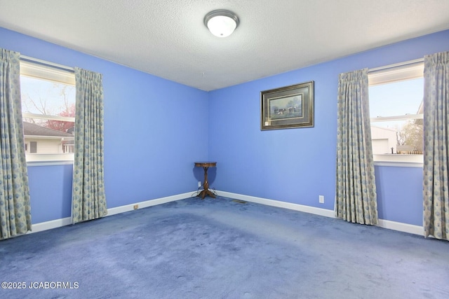 carpeted empty room featuring a textured ceiling, baseboards, and a wealth of natural light