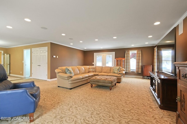 living room featuring crown molding, light colored carpet, recessed lighting, a baseboard heating unit, and baseboards