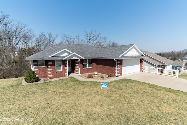 ranch-style house with a garage, driveway, brick siding, and a front lawn