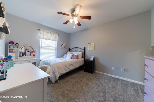 bedroom featuring a ceiling fan, baseboards, and carpet floors