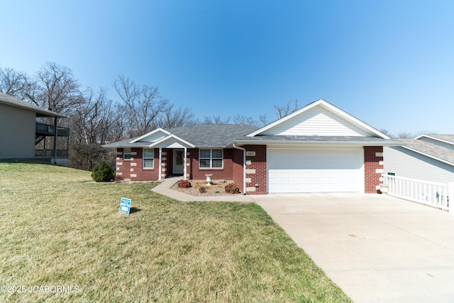 ranch-style house featuring brick siding, a front lawn, concrete driveway, and an attached garage