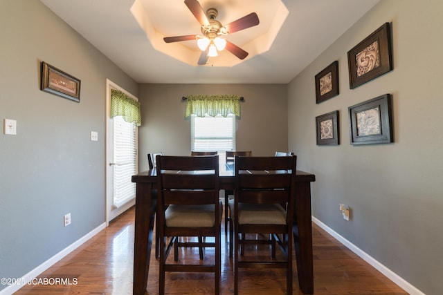 dining area with ceiling fan, baseboards, a raised ceiling, and wood finished floors