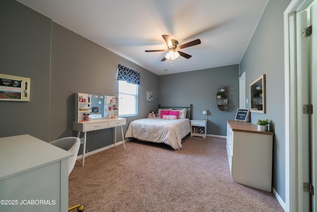 bedroom featuring baseboards, carpet, and ceiling fan