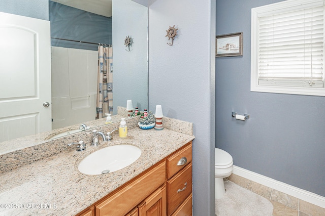 2414 Camzie Dr, Jefferson City, MO 65101 - bathroom featuring baseboards, curtained shower, toilet, vanity, and tile patterned floors