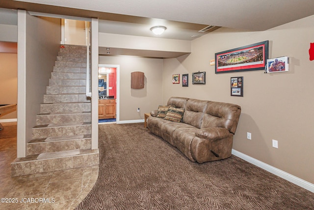2414 Camzie Dr, Jefferson City, MO 65101 - carpeted living room featuring baseboards and stairs