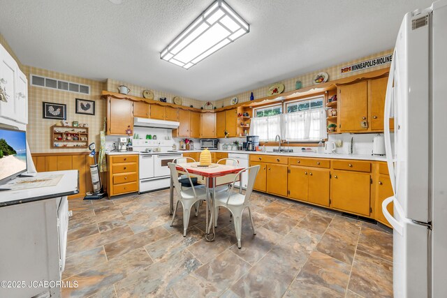 409 Lorene St, California, MO 65018 - kitchen featuring white appliances, under cabinet range hood, open shelves, light countertops, and light stone finish flooring