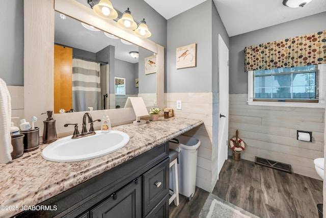 409 Lorene St, California, MO 65018 - bathroom featuring wood finished floors, plenty of natural light, vanity, and wainscoting