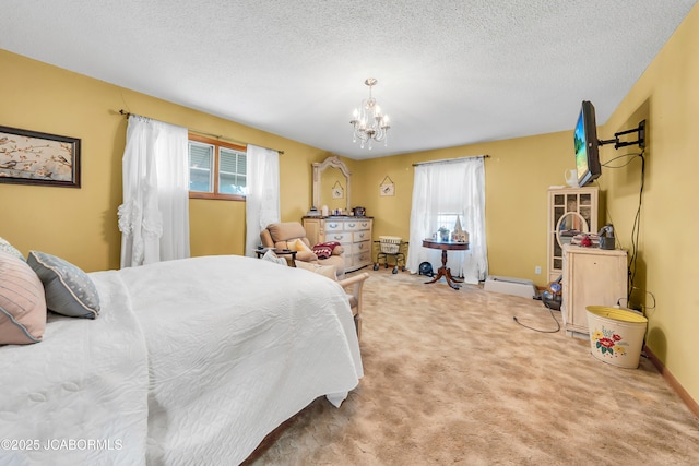 409 Lorene St, California, MO 65018 - bedroom featuring multiple windows, a chandelier, carpet floors, a textured ceiling, and baseboard heating