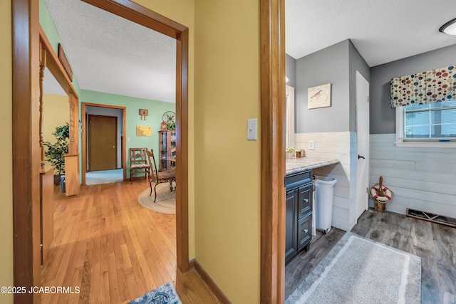 409 Lorene St, California, MO 65018 - bathroom featuring wood finished floors, vanity, a textured ceiling, and a wainscoted wall
