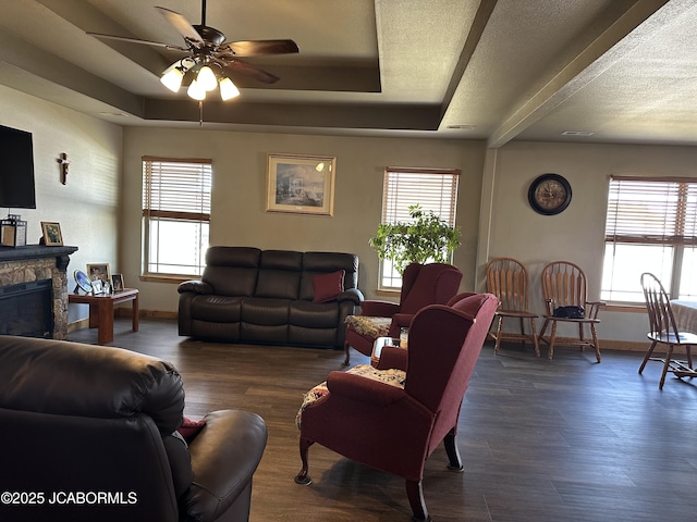 living area featuring a raised ceiling, plenty of natural light, and a fireplace