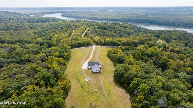 bird's eye view with a water view and a view of trees