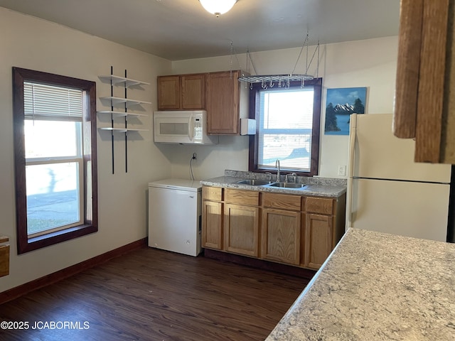 kitchen with dark hardwood / wood-style flooring, white appliances, and sink