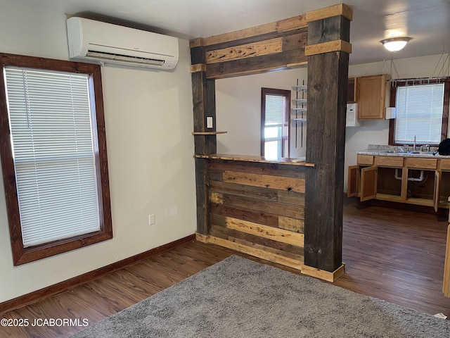 interior space featuring a wall mounted air conditioner, dark hardwood / wood-style floors, and sink