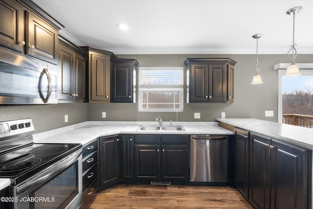 kitchen featuring sink, dark hardwood / wood-style flooring, hanging light fixtures, ornamental molding, and stainless steel appliances