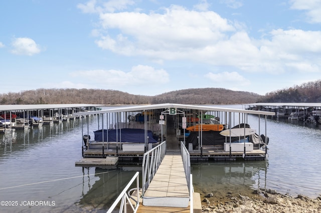 dock area with a water view and boat lift