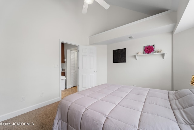 bedroom with ceiling fan, high vaulted ceiling, carpet flooring, visible vents, and baseboards