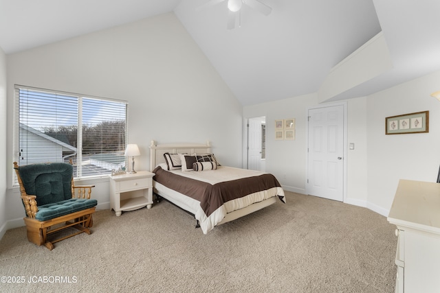 bedroom with high vaulted ceiling, carpet, ceiling fan, and baseboards