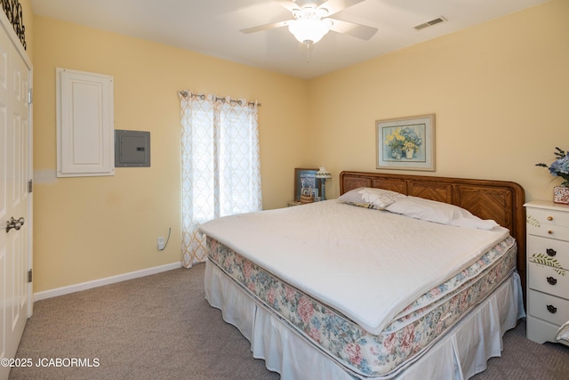 bedroom featuring light colored carpet, a ceiling fan, baseboards, visible vents, and electric panel