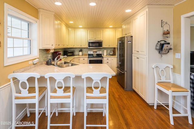 kitchen featuring a wainscoted wall, appliances with stainless steel finishes, a sink, wooden ceiling, and a peninsula