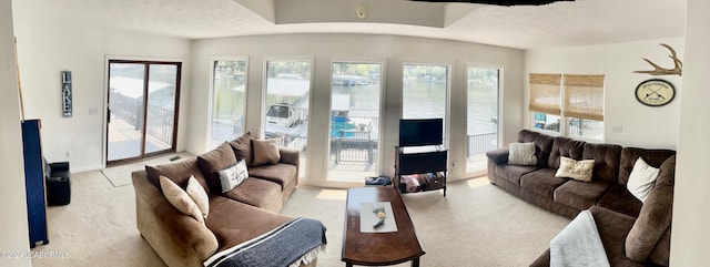 carpeted living room featuring a textured ceiling