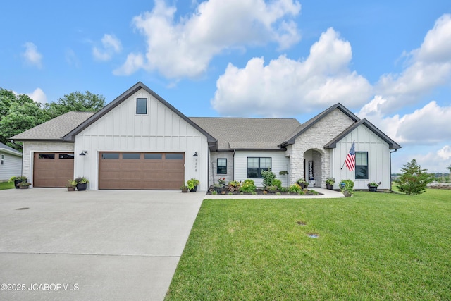 1308 Haxby Ct, Columbia, MO 65201 - modern inspired farmhouse featuring board and batten siding, a garage, a front lawn, and driveway
