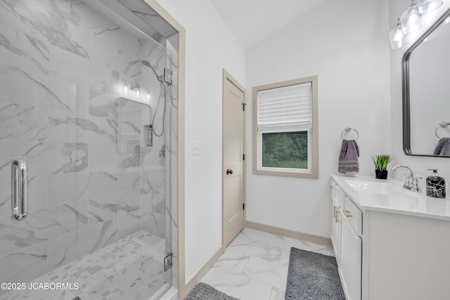 1308 Haxby Ct, Columbia, MO 65201 - full bath featuring marble finish floors, a marble finish shower, vanity, baseboards, and lofted ceiling