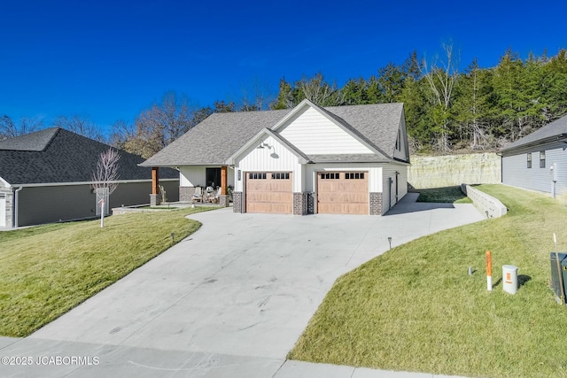 view of front of property with driveway, an attached garage, a front lawn, board and batten siding, and brick siding