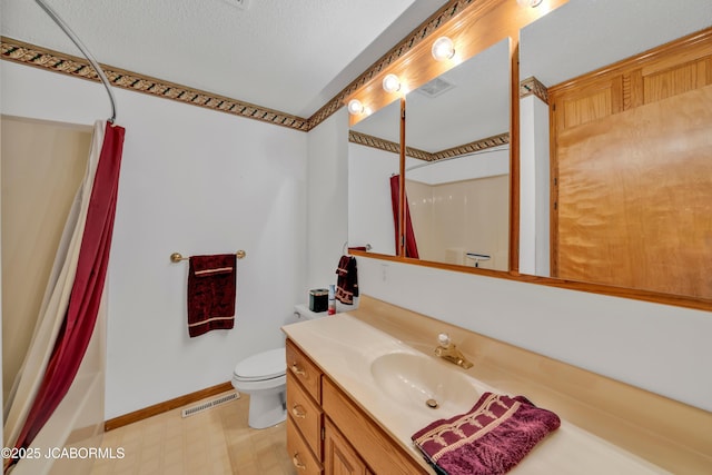 29311 State Highway Pp, California, MO 65018 - bathroom featuring vanity, toilet, tile patterned floors, baseboards, and shower / bath combo with shower curtain