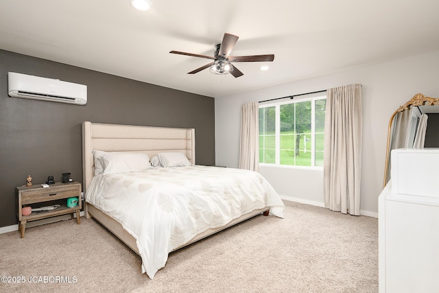 7165 E Hartman Rd, Hartsburg, MO 65039 - bedroom featuring a wall unit AC, light colored carpet, recessed lighting, and ceiling fan