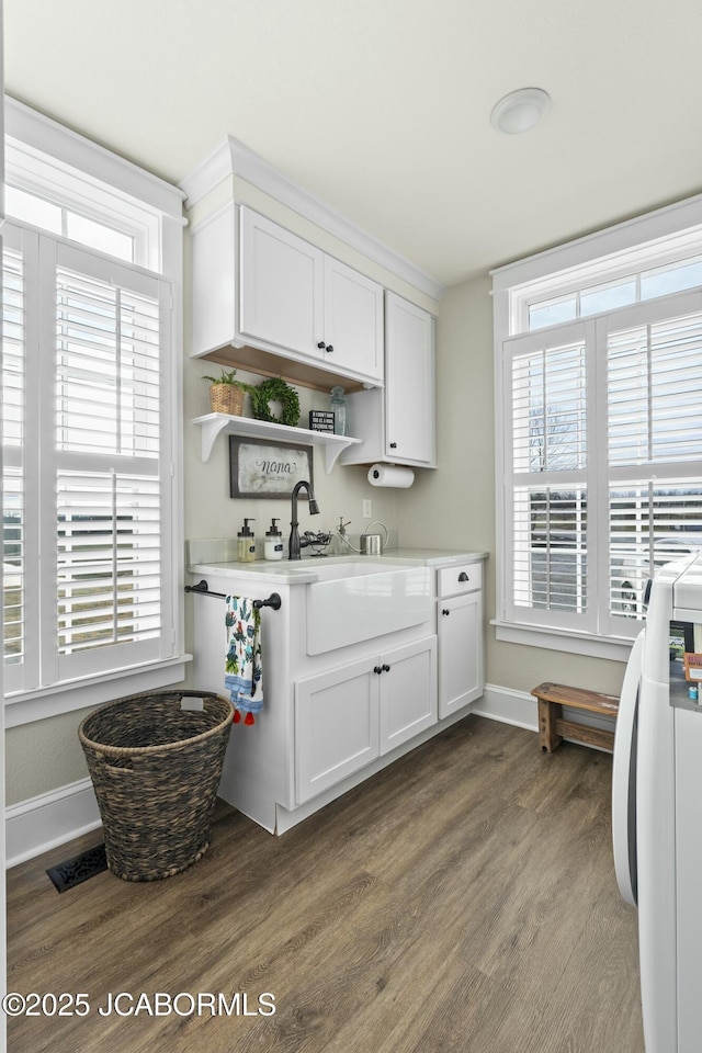 interior space with white cabinets, dark hardwood / wood-style floors, and a wealth of natural light