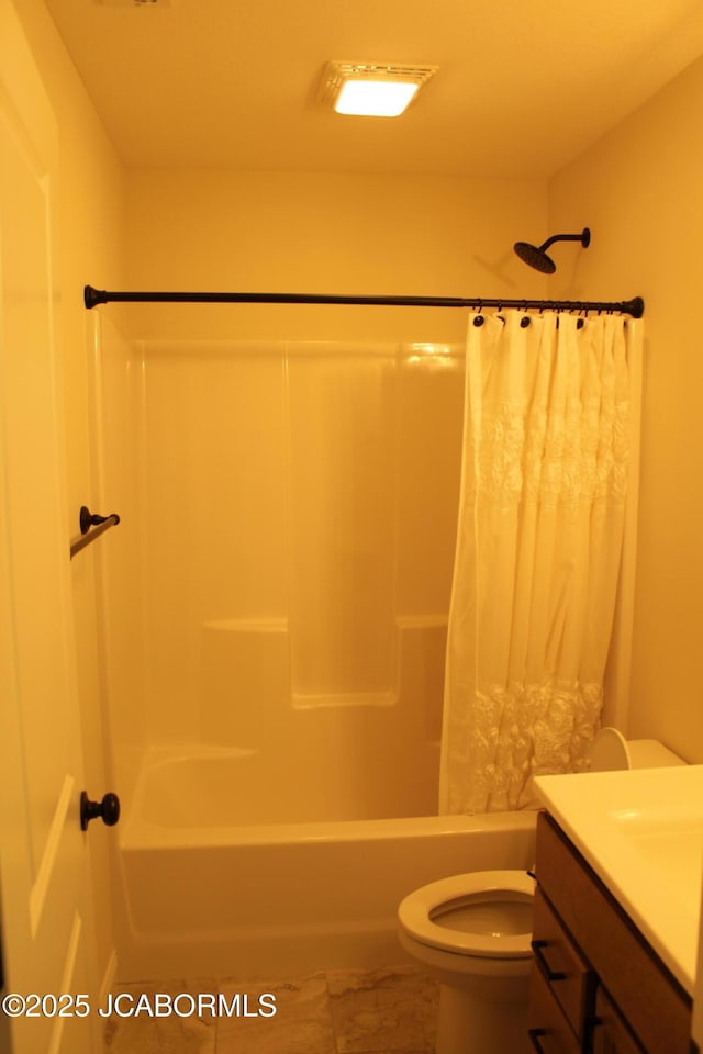 full bath featuring shower / bathtub combination with curtain, toilet, and vanity