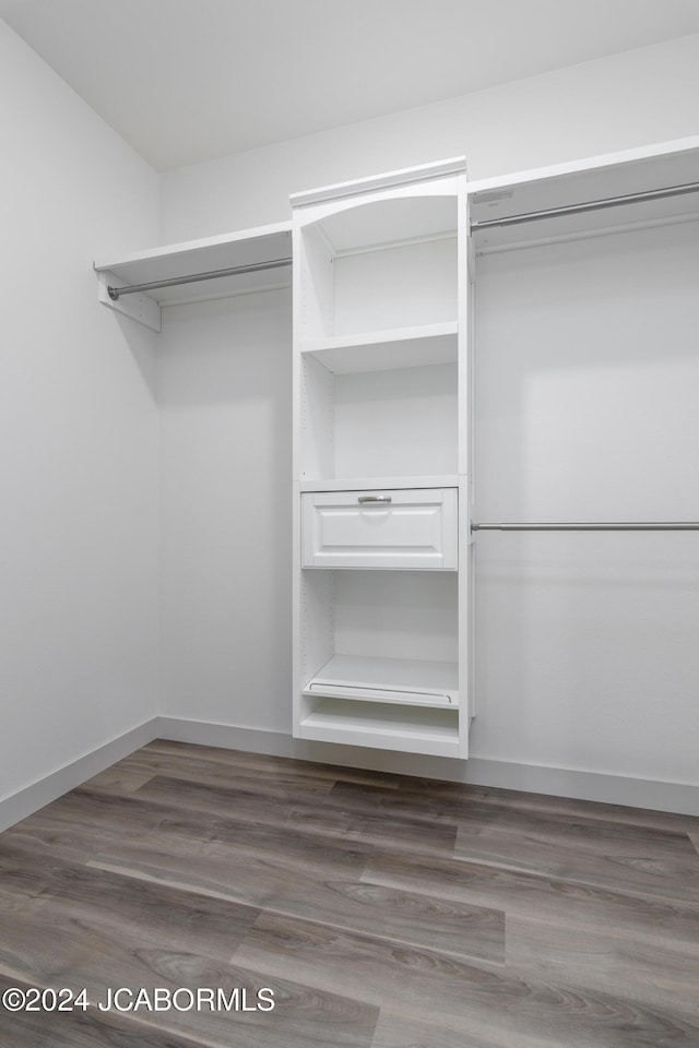 walk in closet with dark wood-type flooring