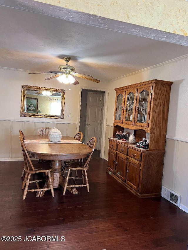 200 Sondra Ave, Columbia, MO 65202 - dining area with dark wood finished floors, ceiling fan, visible vents, a decorative wall, and a wainscoted wall