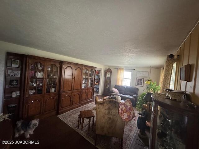 200 Sondra Ave, Columbia, MO 65202 - living room featuring a textured ceiling and dark wood-style floors