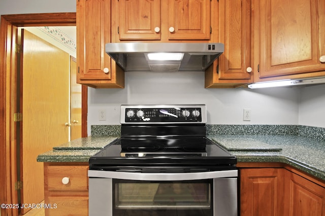 1101 E Maplewood Ct, Jefferson City, MO 65109 - kitchen with stainless steel electric stove, under cabinet range hood, and brown cabinetry
