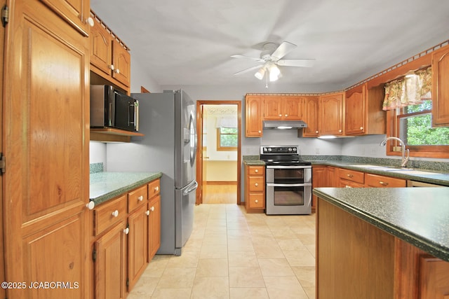 1101 E Maplewood Ct, Jefferson City, MO 65109 - kitchen featuring stainless steel appliances, under cabinet range hood, healthy amount of natural light, and ceiling fan