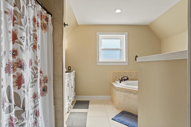 1400 W Main St, Jefferson City, MO 65101 - full bathroom with a bath, vaulted ceiling, vanity, recessed lighting, and a shower with shower curtain