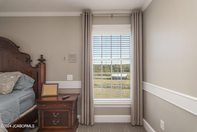 carpeted bedroom featuring multiple windows and crown molding