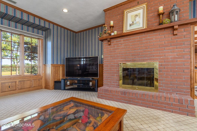 living room featuring carpet, a fireplace, and crown molding